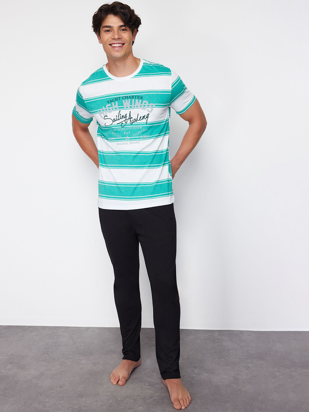 

Trendyol Striped Pure Cotton Night suit, Green