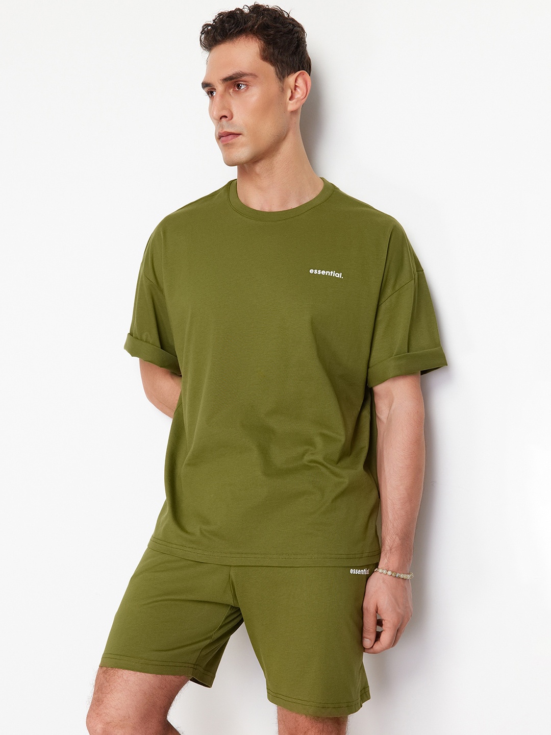 

Trendyol Round Neck Short Sleeves Pure Cotton Night Suit, Olive