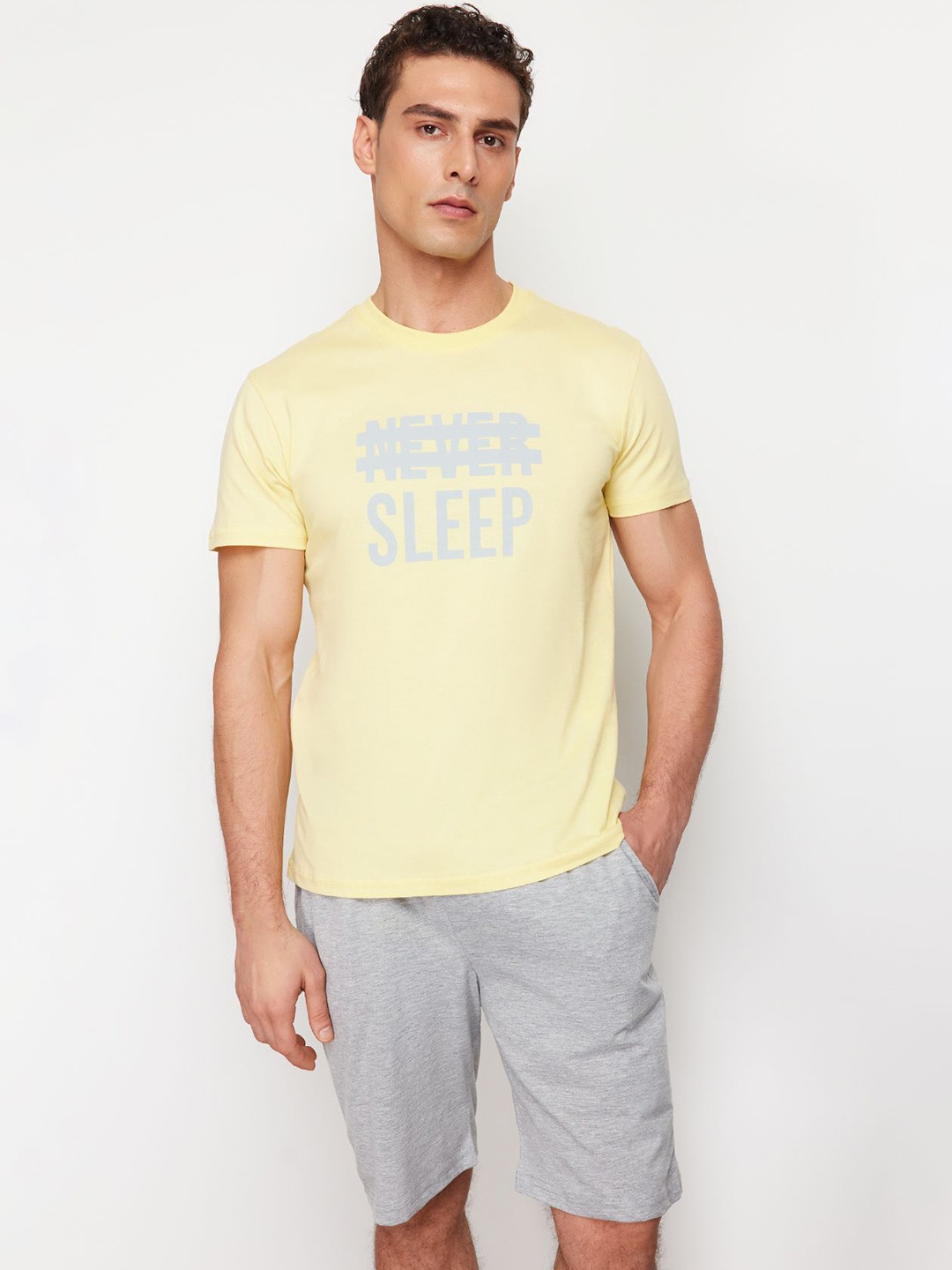 

Trendyol Typography Printed Pure Cotton Night suit, Yellow