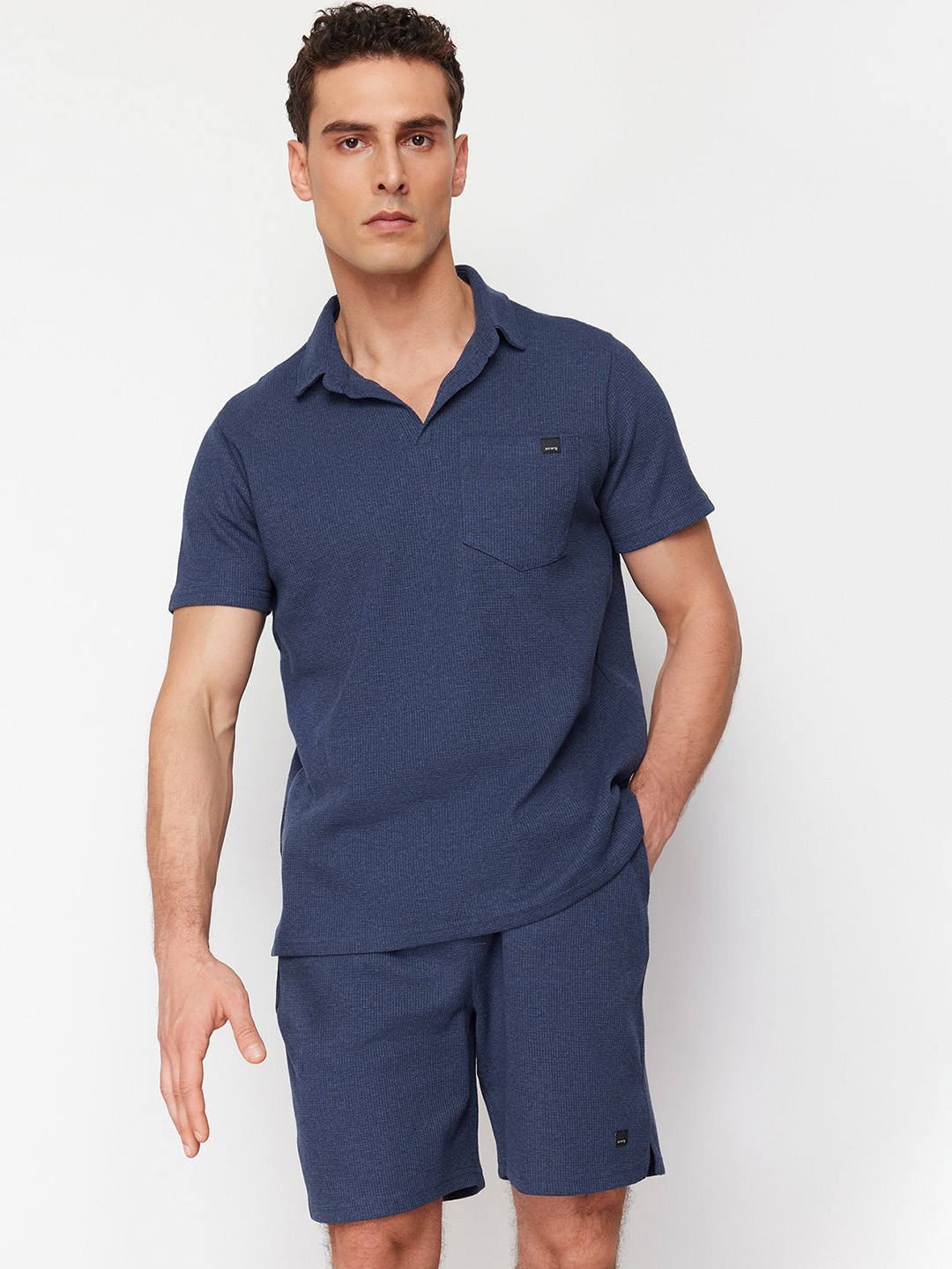 

Trendyol Shirt Collar Short Sleeves Night suit, Navy blue