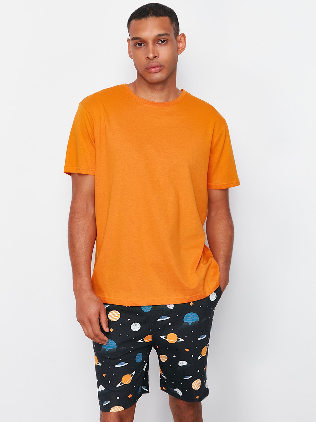 

Trendyol Round Neck Pure Cotton Night suit, Orange