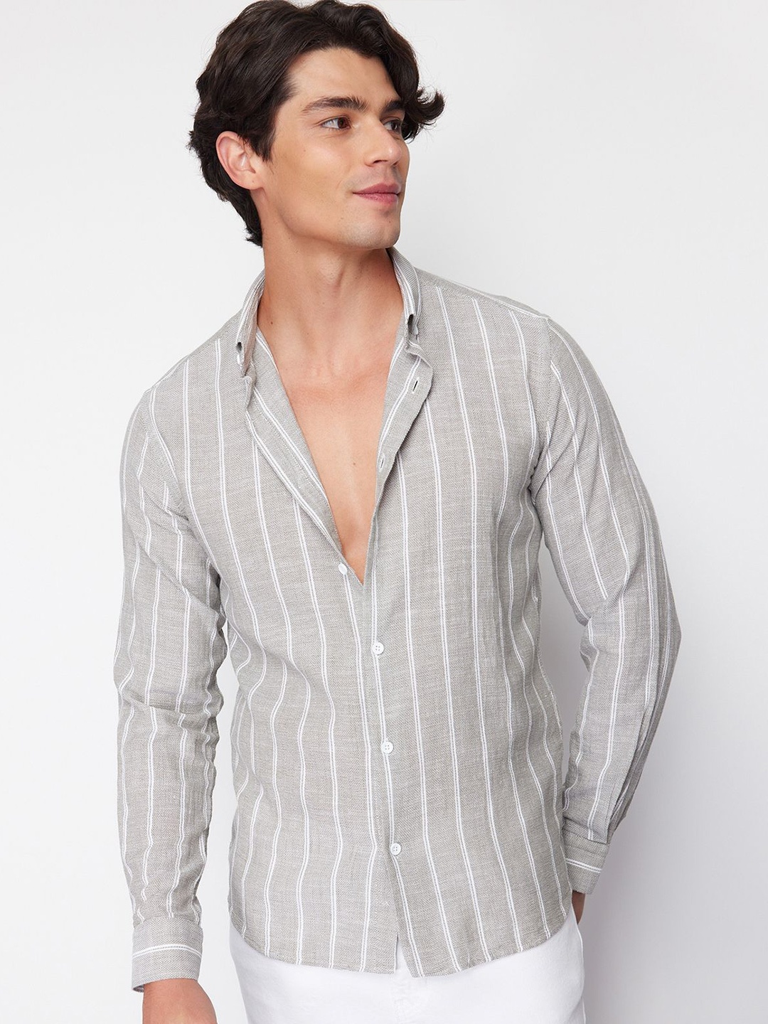 

Trendyol Vertical Stripes Button-Down Collar Cotton Casual Shirt, Khaki