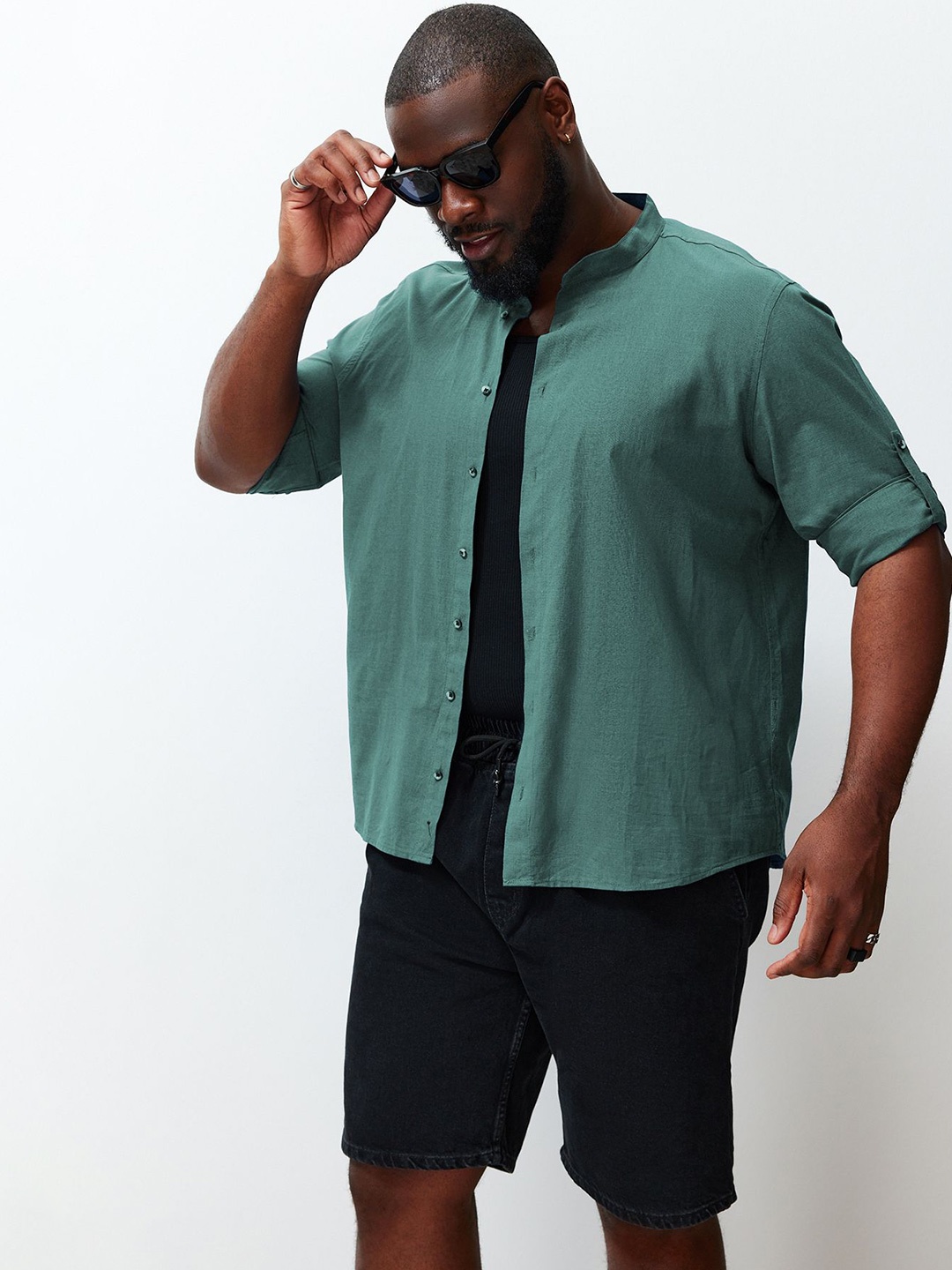 

Trendyol Band Collar Roll-Up Sleeves Cotton Casual Shirt, Green