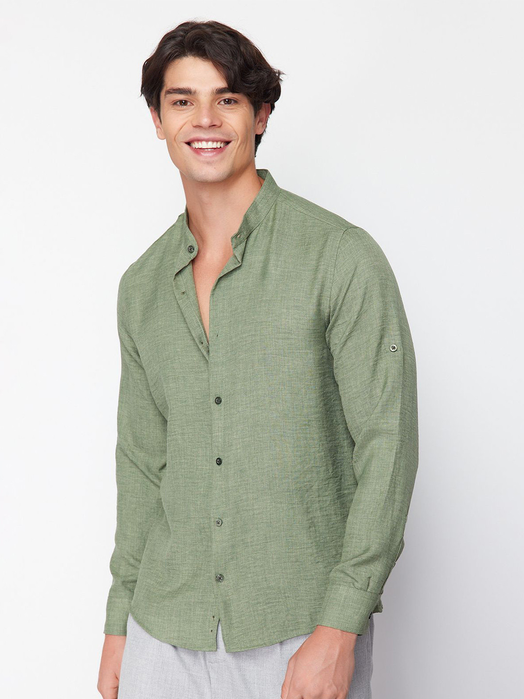 

Trendyol Mandarin Collar Roll-Up Sleeves Casual Shirt, Khaki