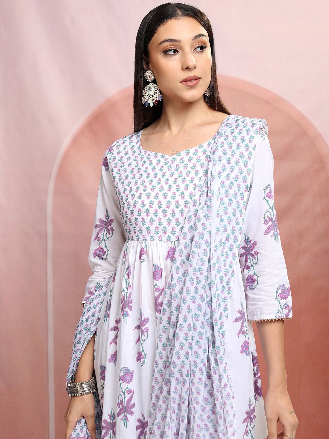 

Vishudh White Floral Printed Pure Cotton Anarkali Kurta With Trousers & Dupatta