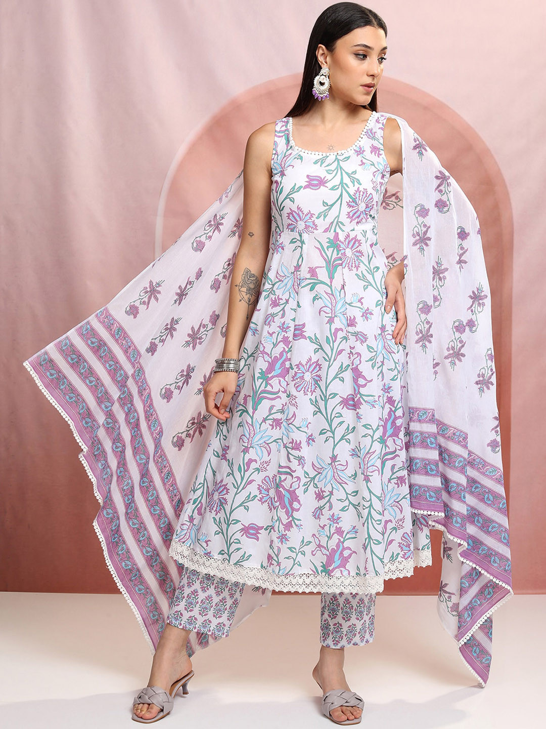 

Vishudh White Floral Printed Scoop Neck Pure Cotton Anarkali Kurta With Trousers & Dupatta