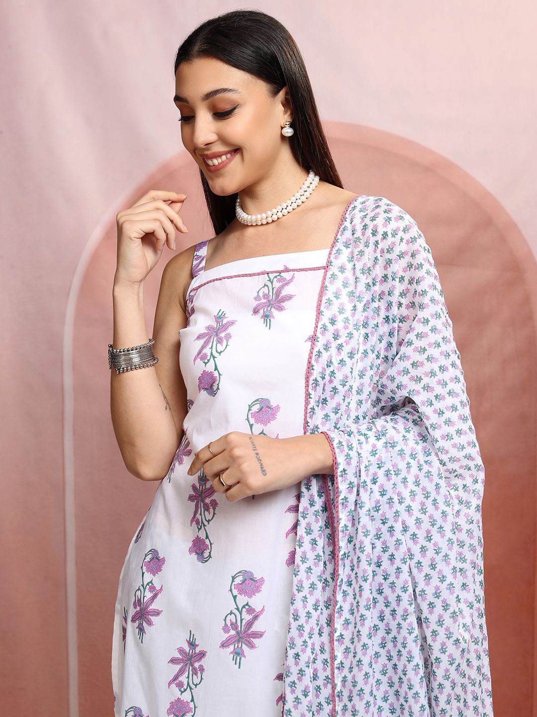 

Vishudh White Printed Gotta Patti Pure Cotton Straight Kurta With Palazzos & Dupatta