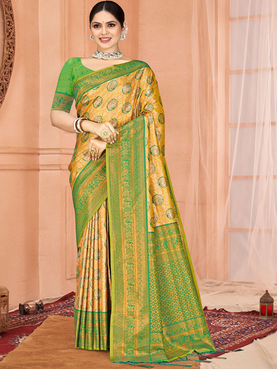 

SANGAM PRINTS Woven Design Zari Tussar Saree, Yellow