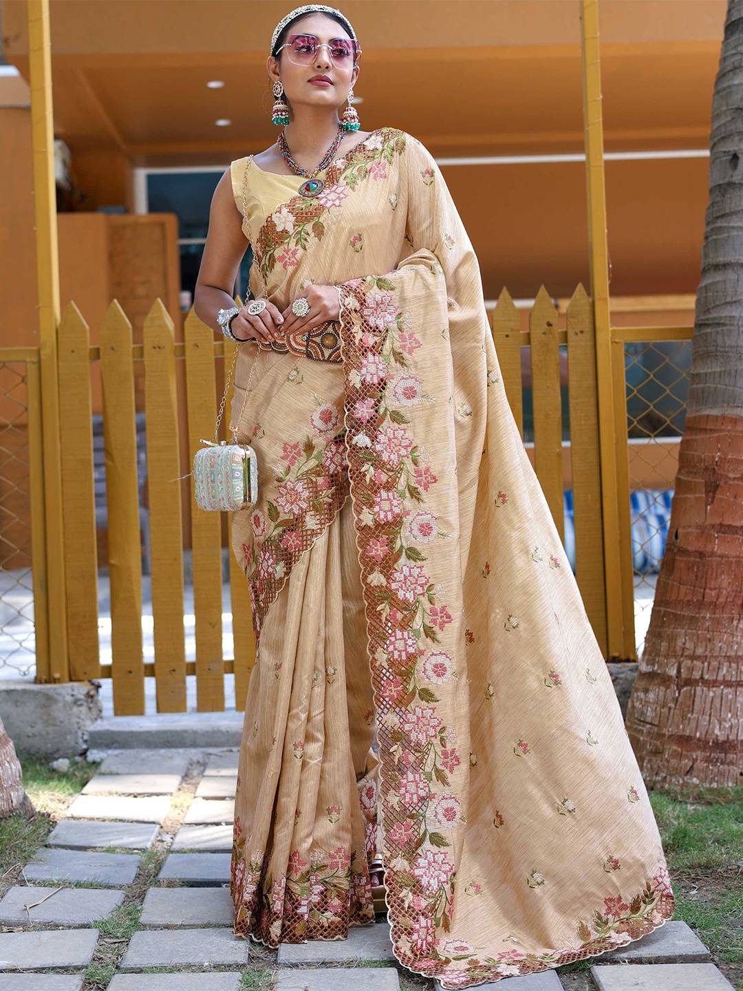 

Mitera Floral Embroidered Saree, Beige