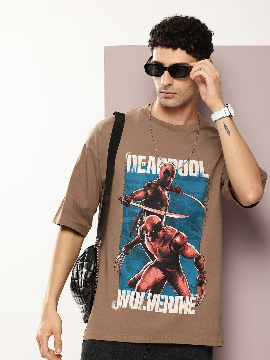 

Kook N Keech Marvel Men Deadpool Printed Oversized Drop-Shoulder Sleeves T-shirt, Coffee brown