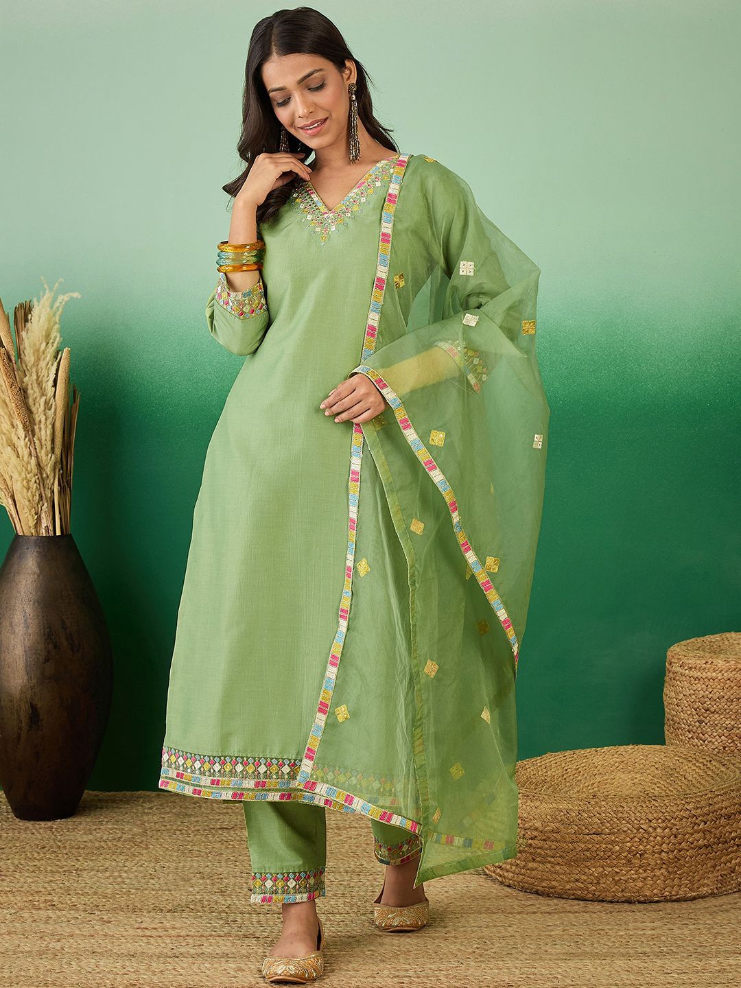 

Sangria Green Yoke Mirror Work Embroidered Straight Kurta With Trousers & Dupatta