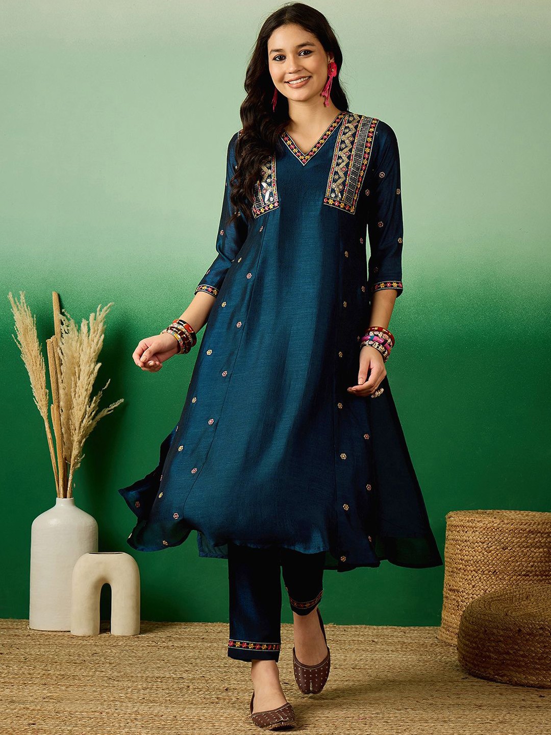 

Sangria Teal Blue Floral Embroidered V-Neck Sequence Straight Kurta With Trousers