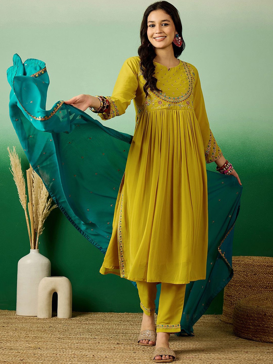 

Sangria Mustard Embroidered Georgette Sequence Straight Kurta With Trousers and Dupatta