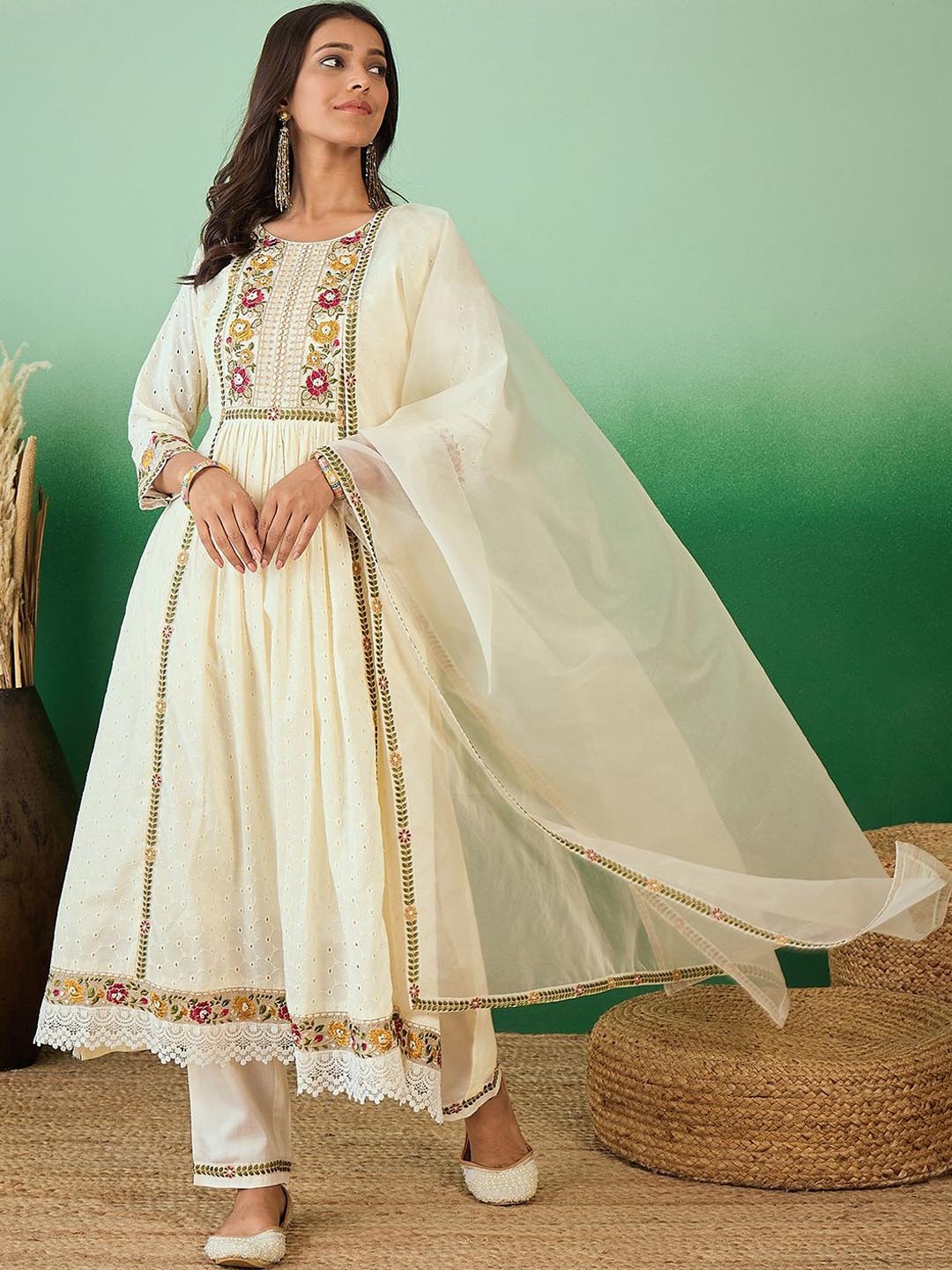 

Sangria Off White Embroidered Schiffli Cotton A-Line Kurta With Trouser & Dupatta