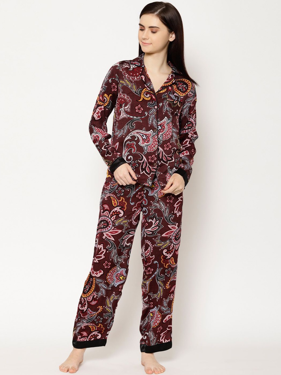 

HOUSE OF KKARMA Ethnic Motifs Lapel Collar Printed Night suit, Maroon