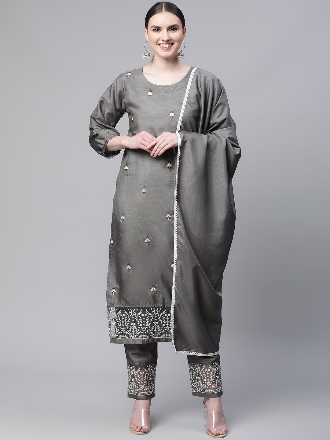 

KALINI Women Floral Embroidered Regular Silk Chiffon Kurta with Trousers & With Dupatta, Grey