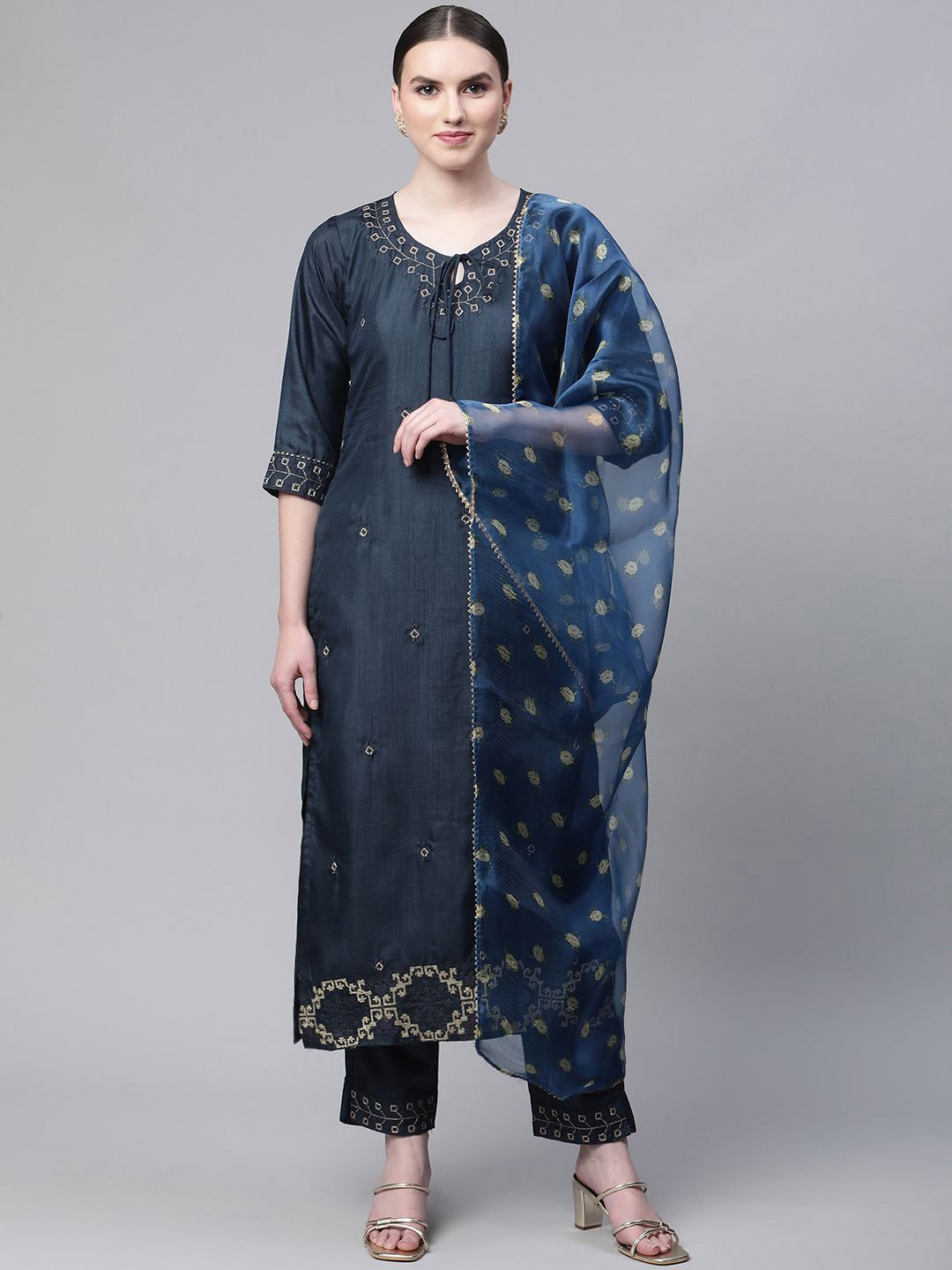 

KALINI Floral Embroidered Regular Silk Chiffon Kurta With Trousers & Dupatta, Blue