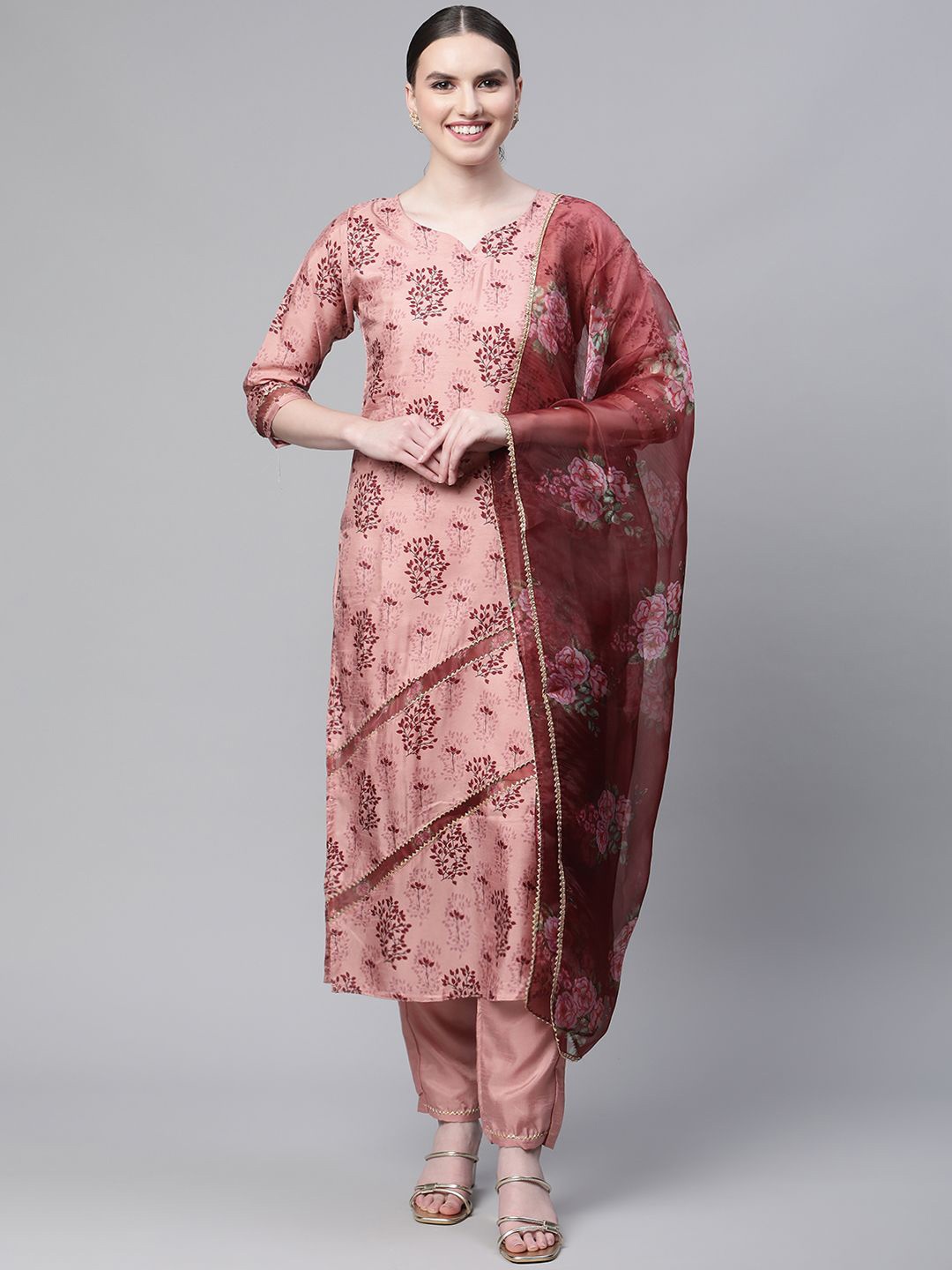

KALINI Floral Printed Regular Silk Chiffon Kurta With Trousers & Dupatta, Peach