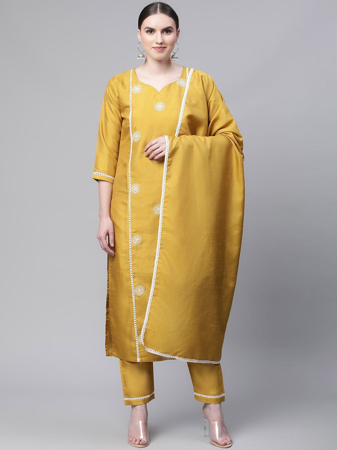 

KALINI Floral Embroidered Thread Work Silk Chiffon Straight Kurta With Trousers & Dupatta, Yellow