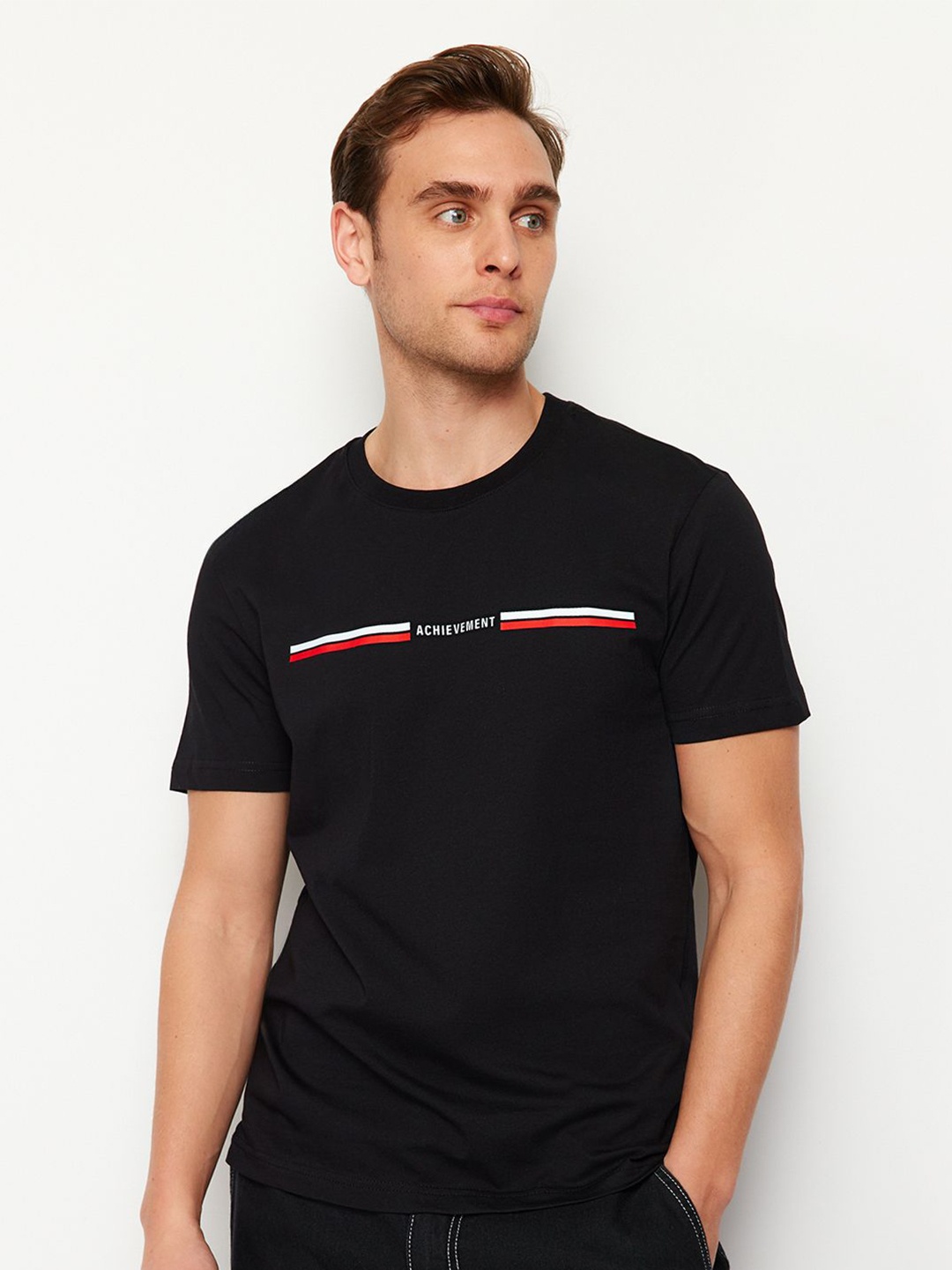 

Trendyol Men Typography Printed Round Neck T-shirt, Black