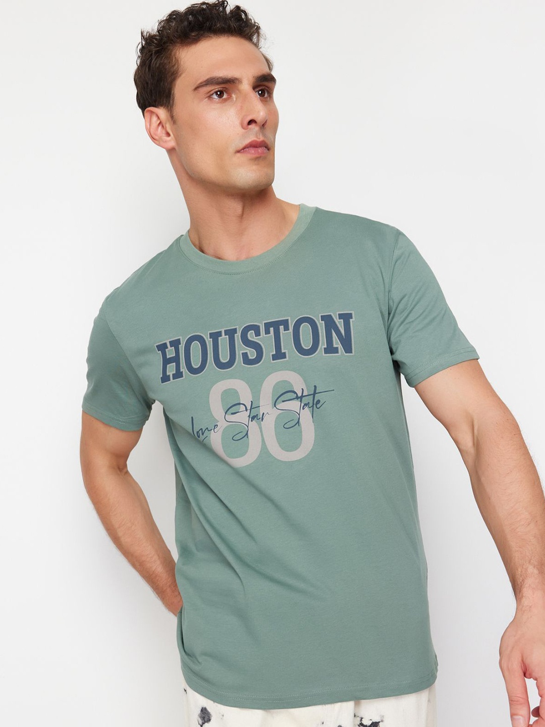 

Trendyol Men Typography Printed Round Neck T-shirt, Teal