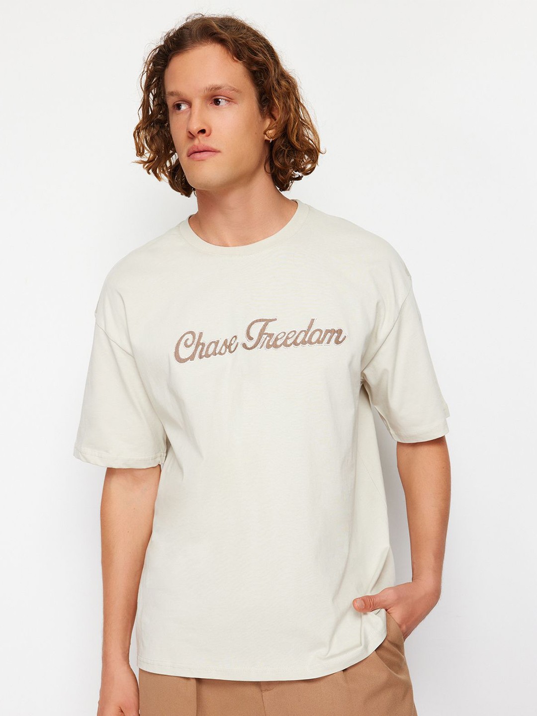 

Trendyol Men Typography Printed Round Neck T-shirt, Cream