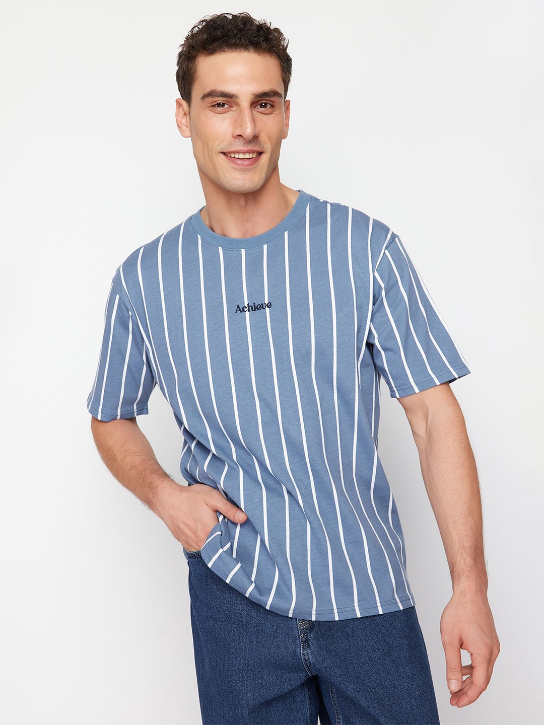 

Trendyol Men Striped Round Neck T-shirt, Blue