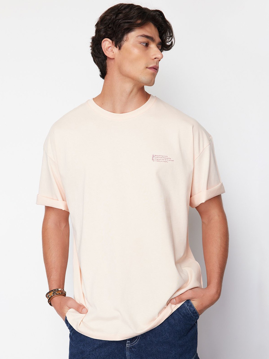 

Trendyol Round Neck Drop-Shoulder Sleeves Casual T-shirt, Beige