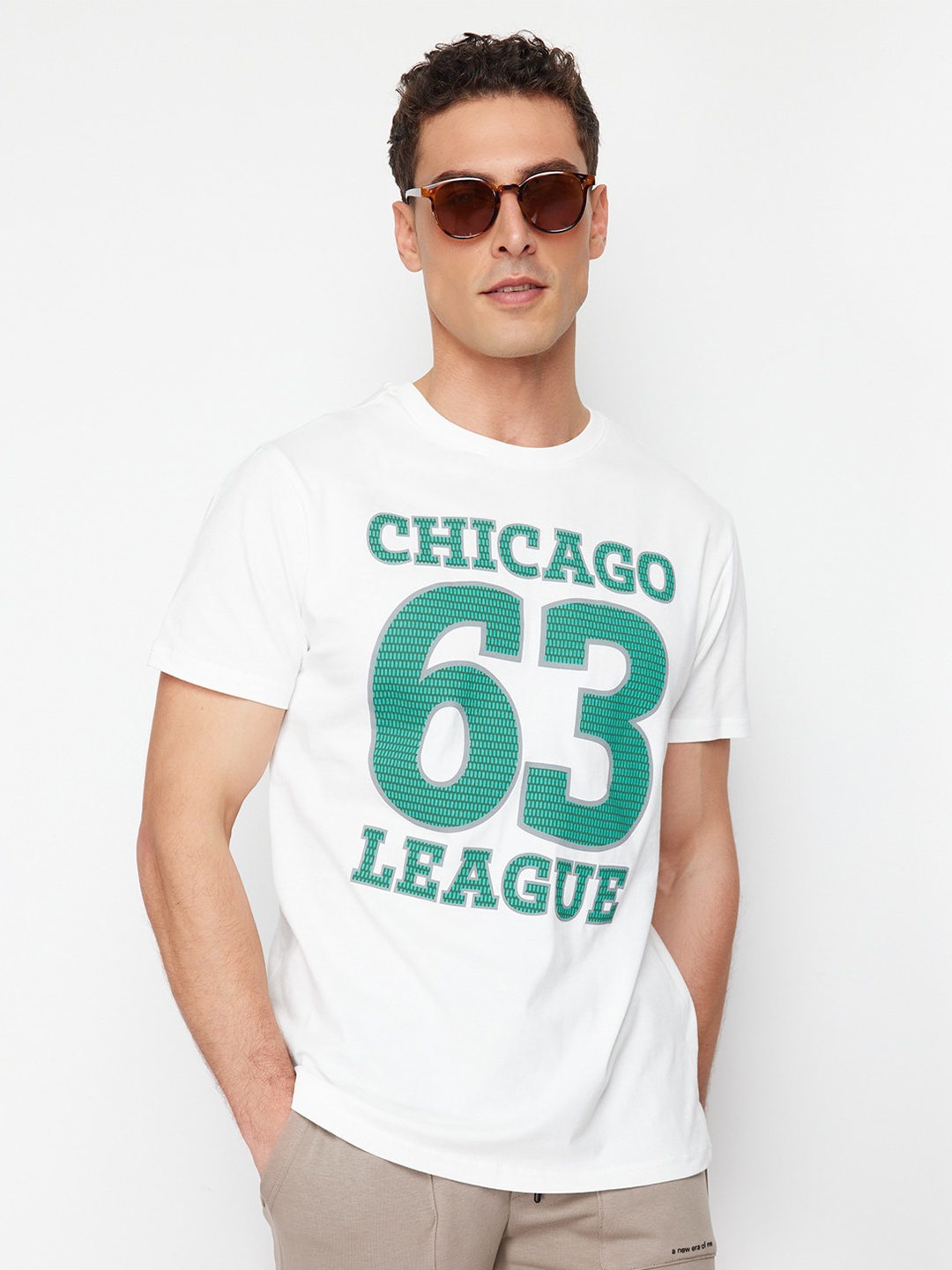 

Trendyol Men Typography Printed Round Neck Pure Cotton T-shirt, White