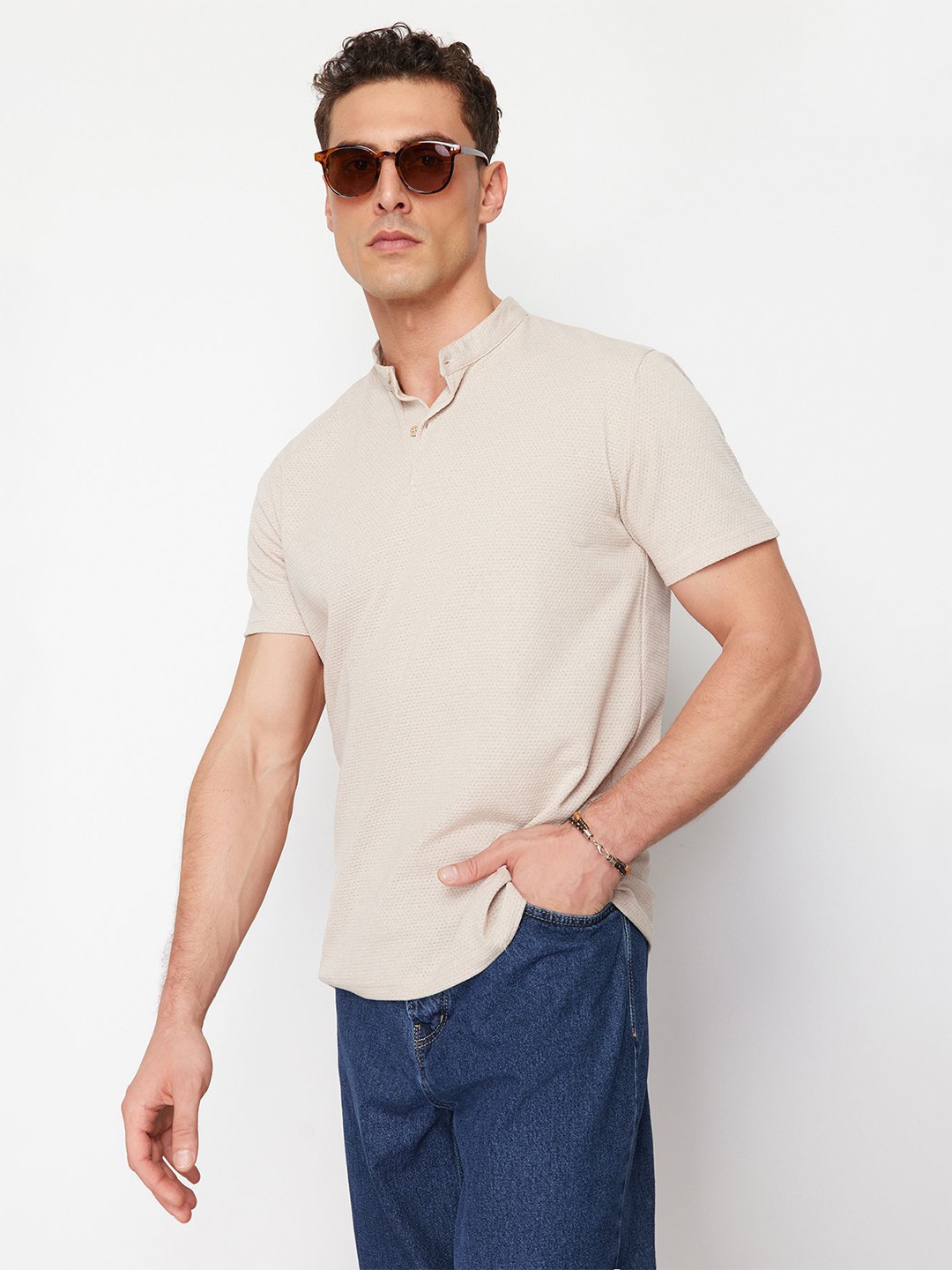 

Trendyol Men Self Design Mandarin Collar T-shirt, Cream