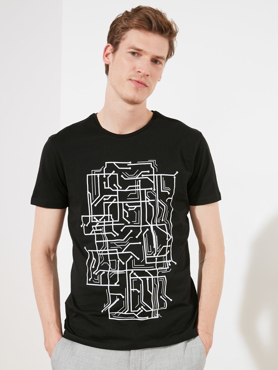 

Trendyol Graphic Printed Round Neck Pure Cotton Casual T-shirt, Black