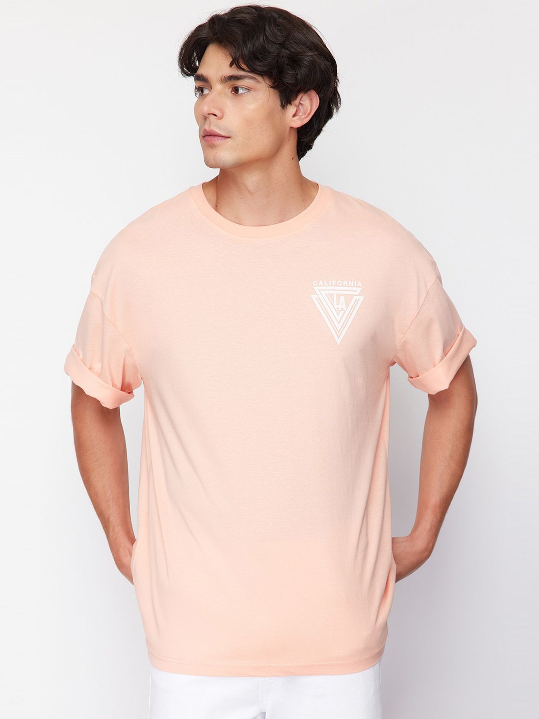 Trendyol Men Typography Printed Round Neck T-shirt, Peach