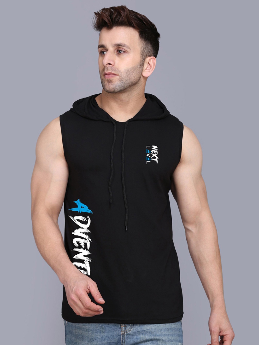 

SLOWLORIS Summer Collection Men Typography Printed Hooded Sleeveless T-shirt, Black