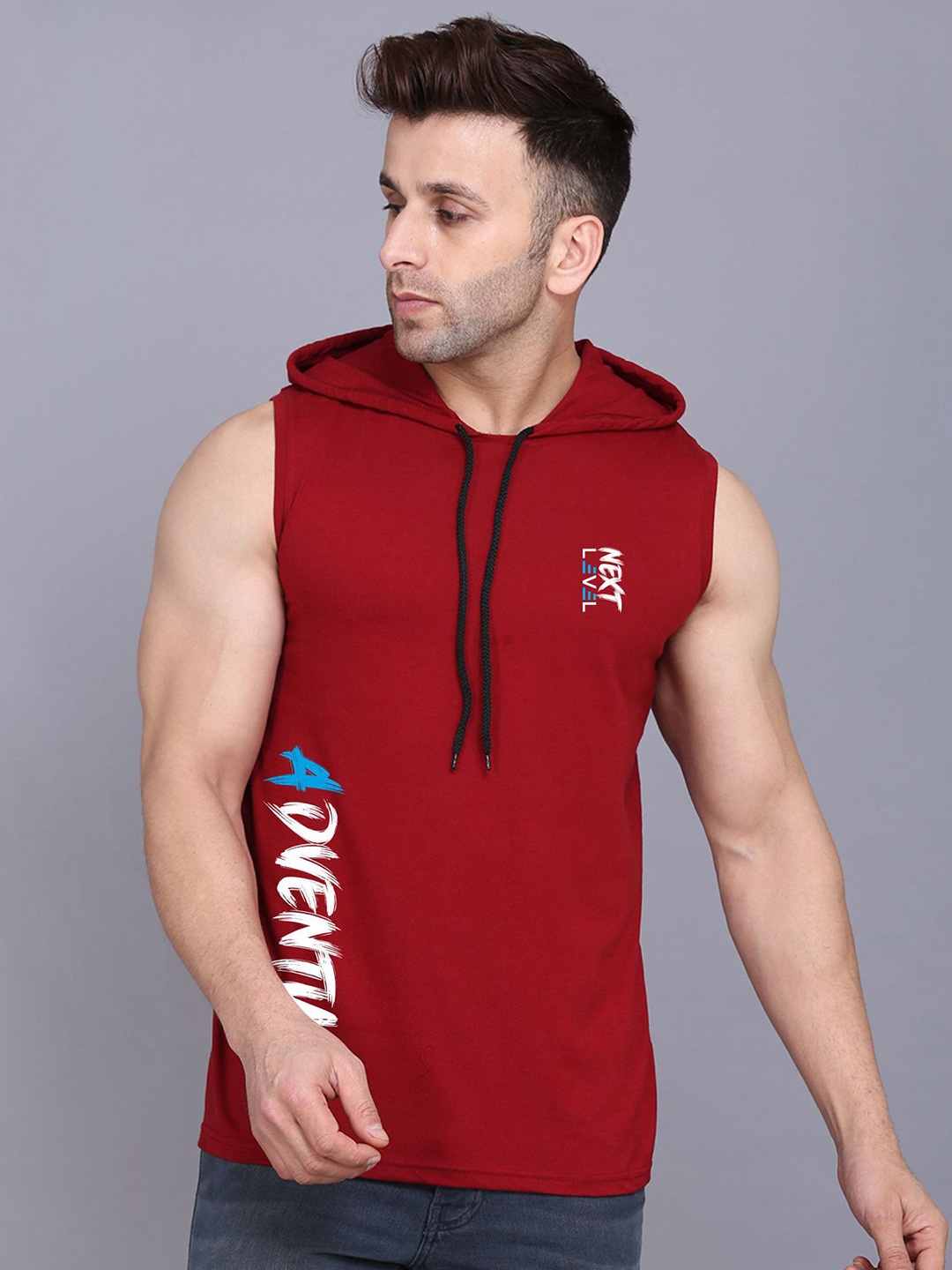 

SLOWLORIS Summer Collection Men Typography Printed Hooded Sleeveless T-shirt, Maroon