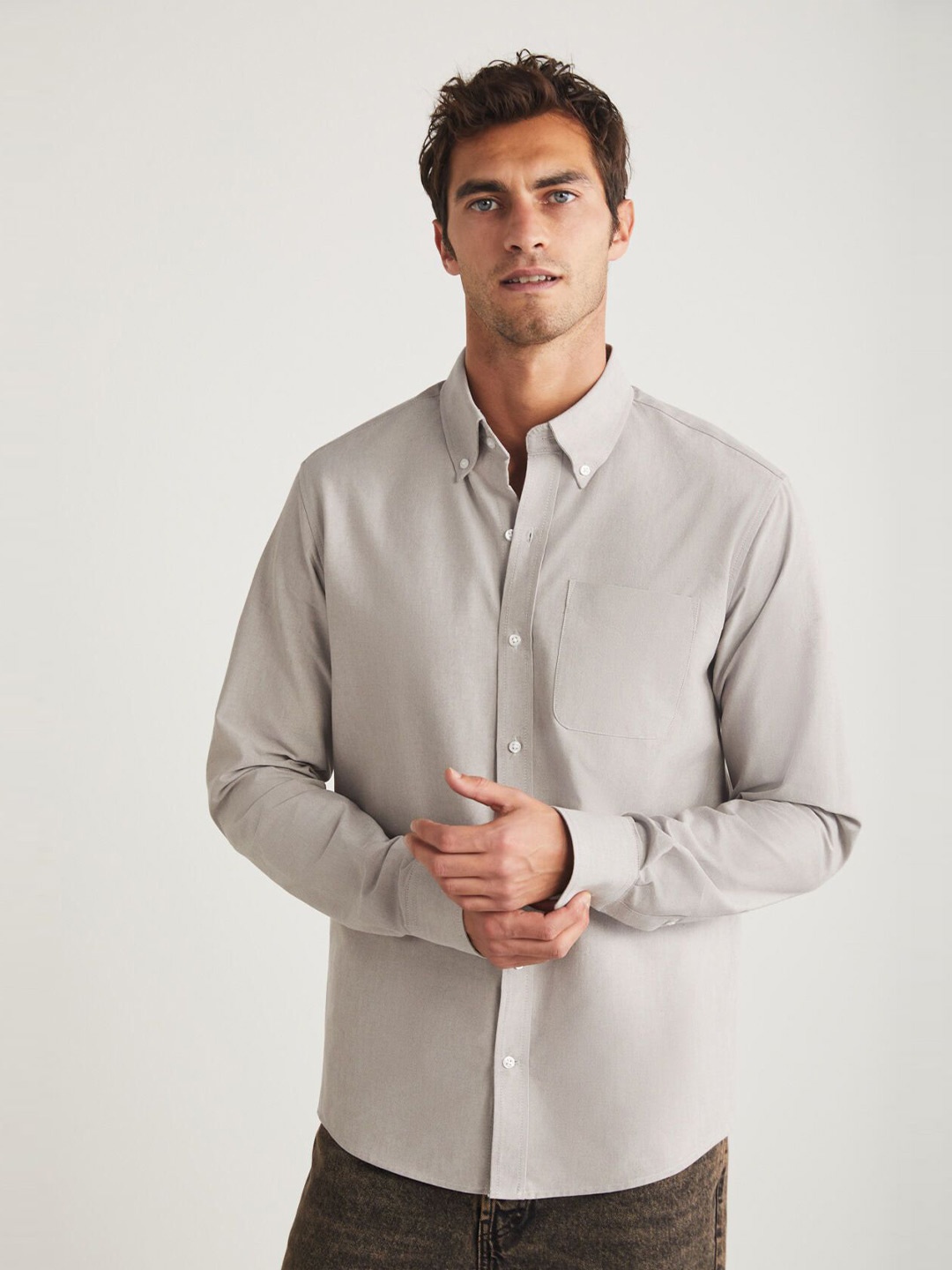 

GRIMELANGE Pure Cotton Button-Down Collar Casual Shirt, Grey