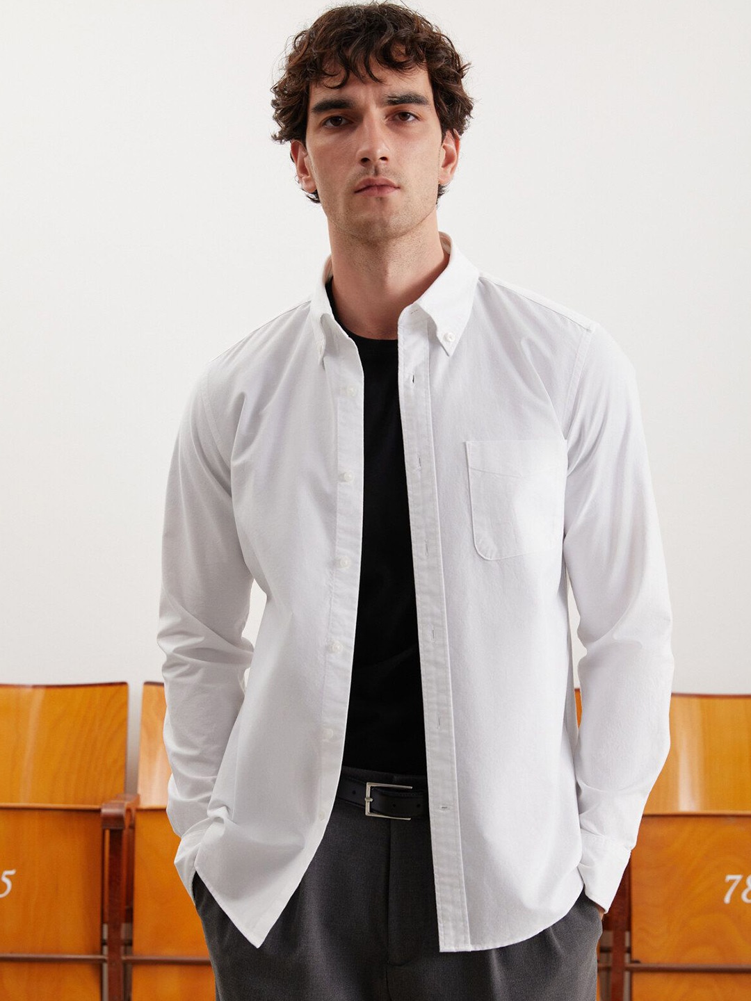 

GRIMELANGE Pure Cotton Spread Collar Casual Shirt, White