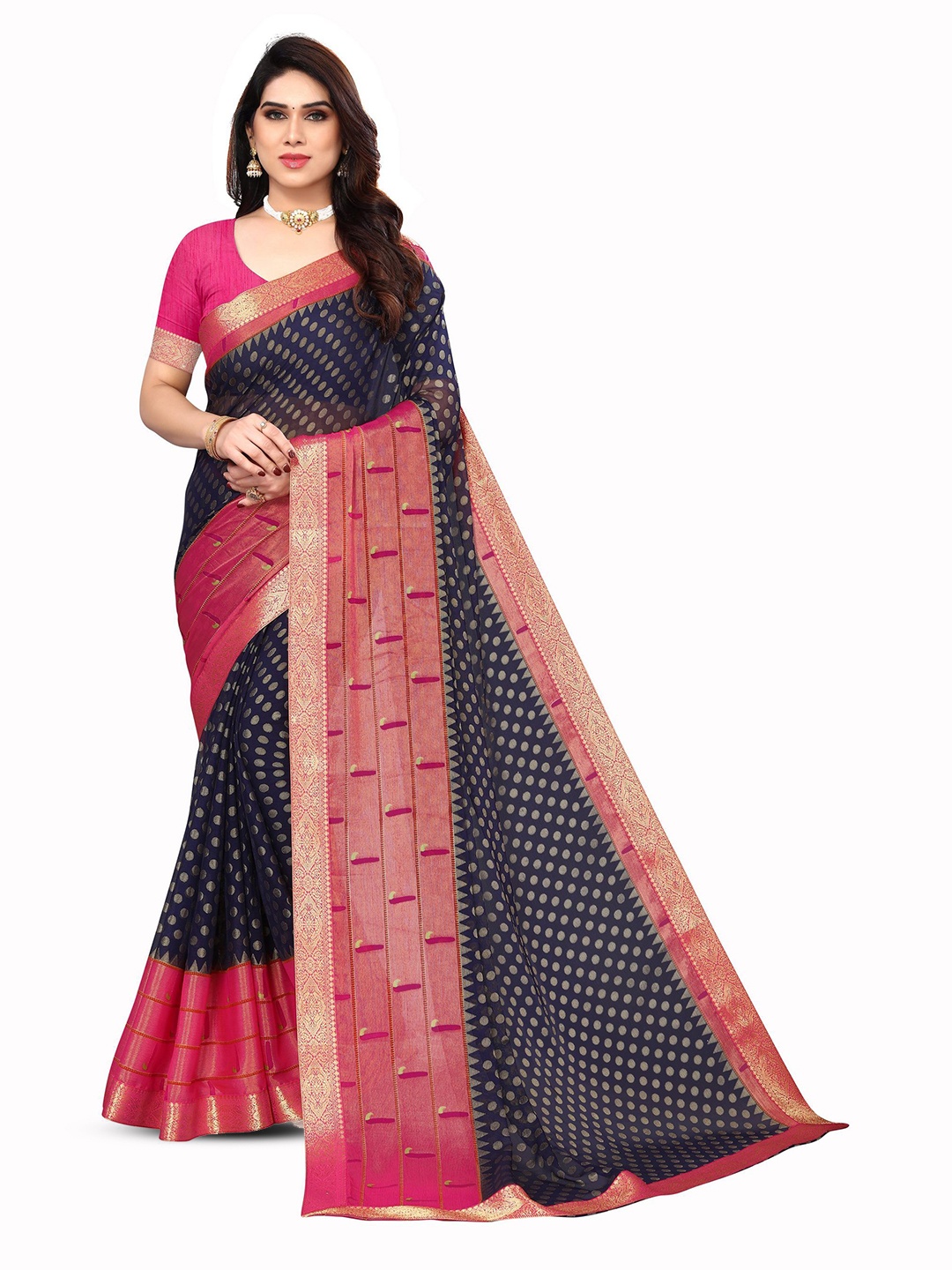 

EMV Floral Zari Chiffon Saree, Navy blue