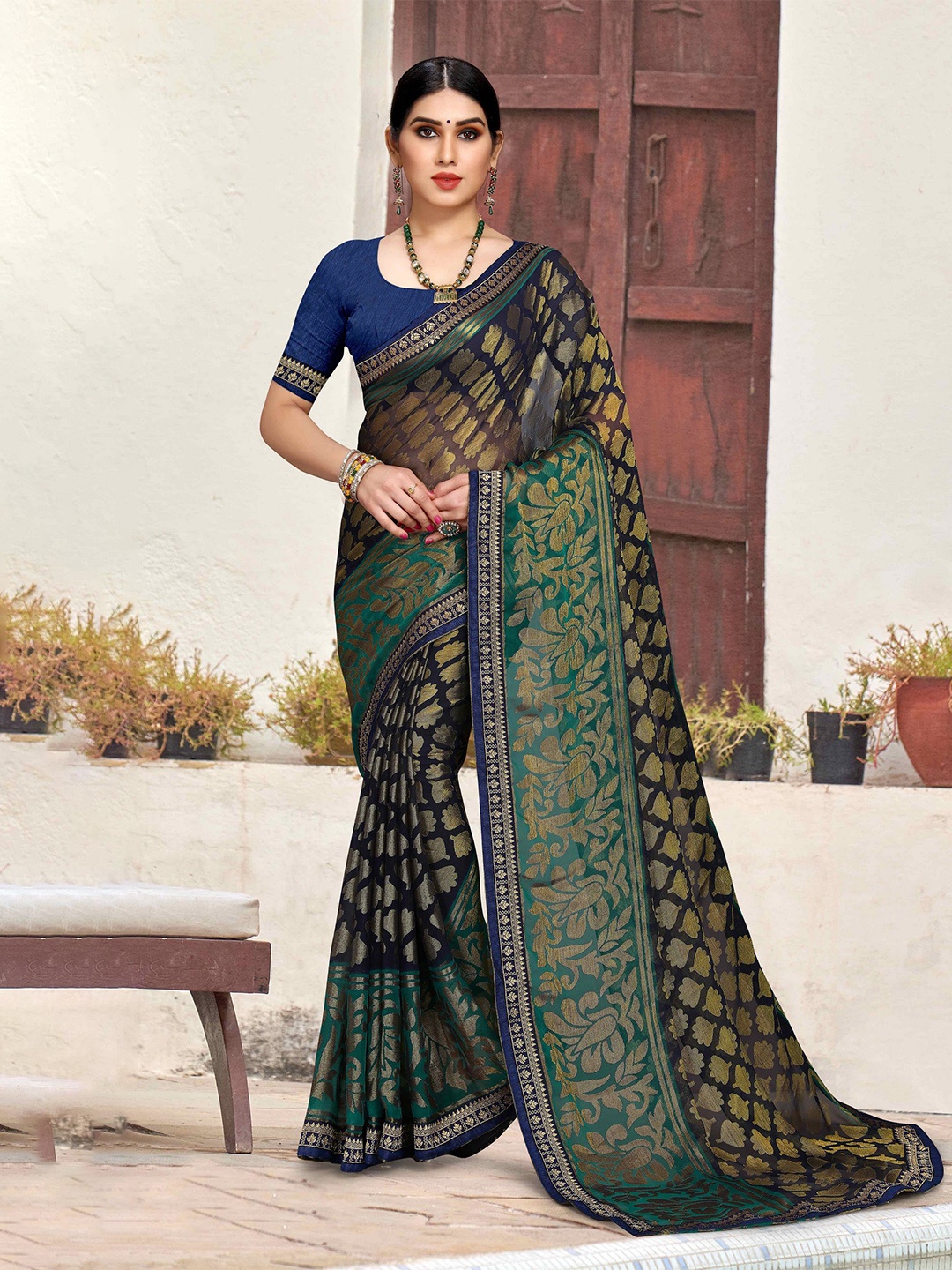 

EMV Ethnic Motifs Zari Chiffon Saree, Navy blue