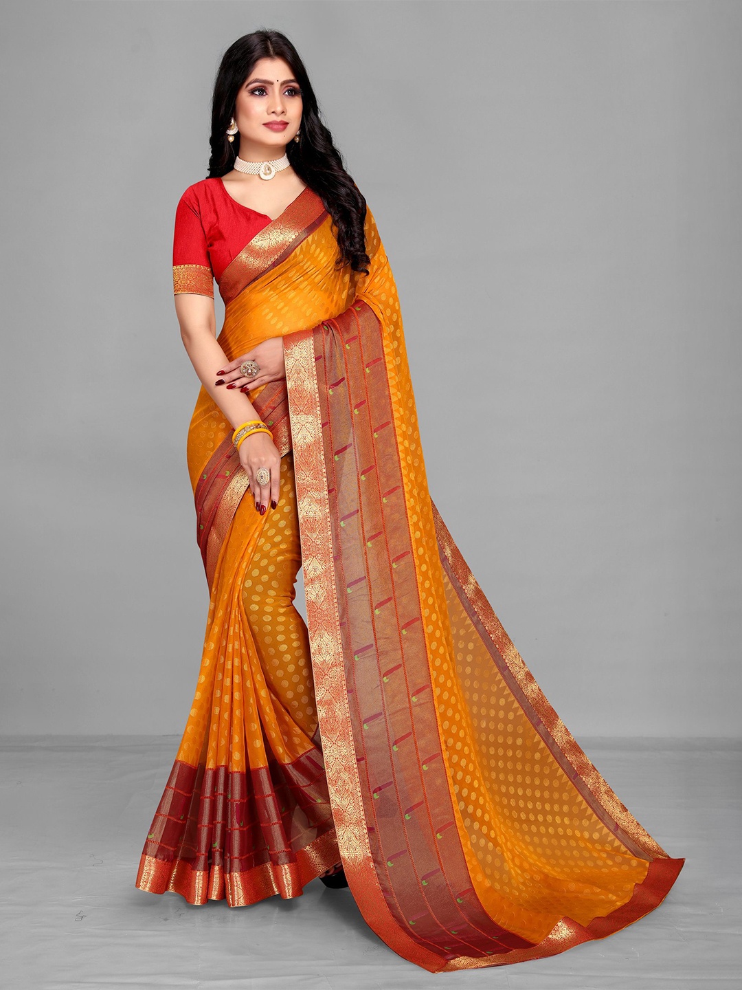 

EMV Polka Dot Zari Chiffon Saree, Mustard