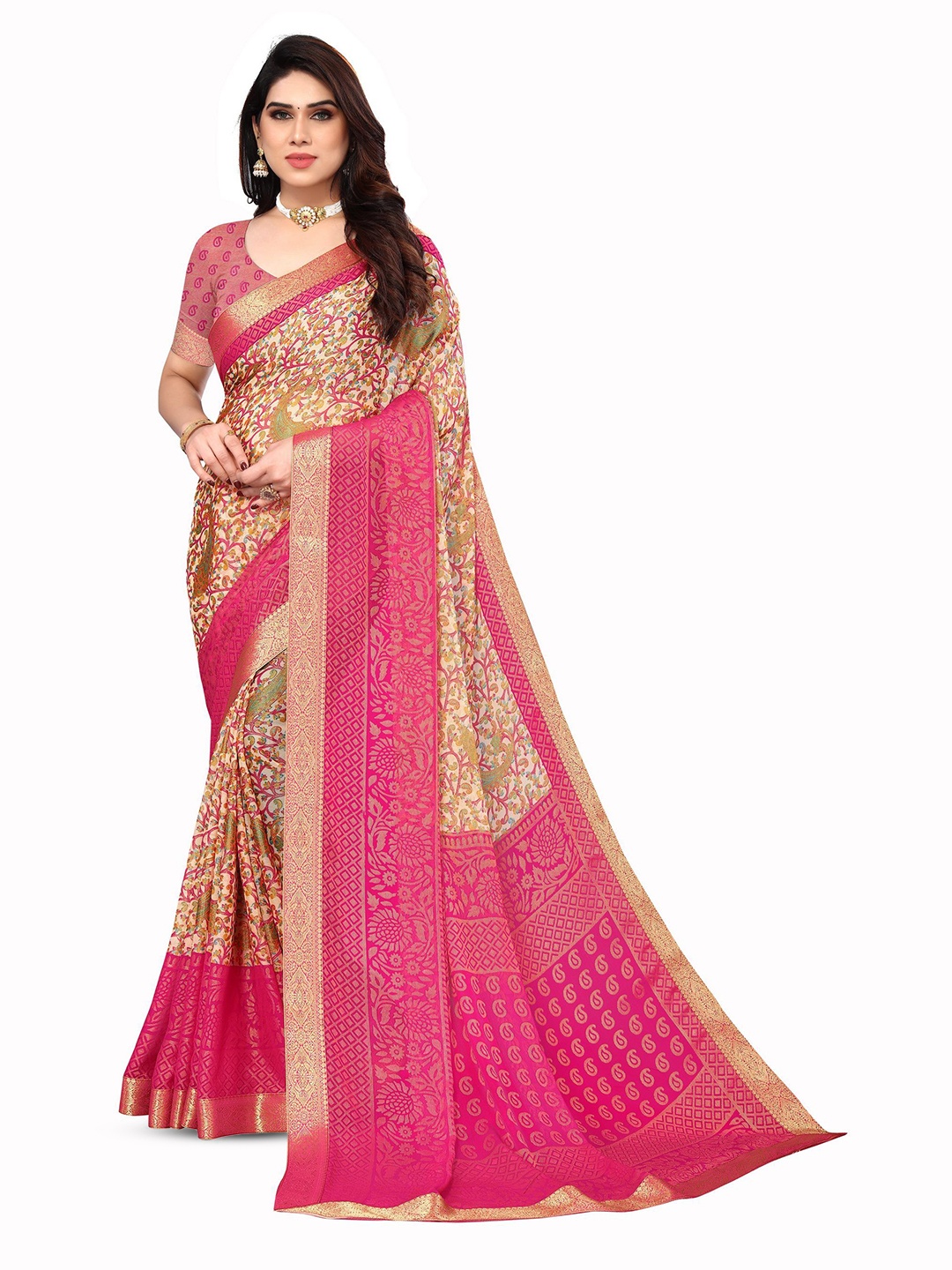 

EMV Floral Zari Chiffon Saree, Pink