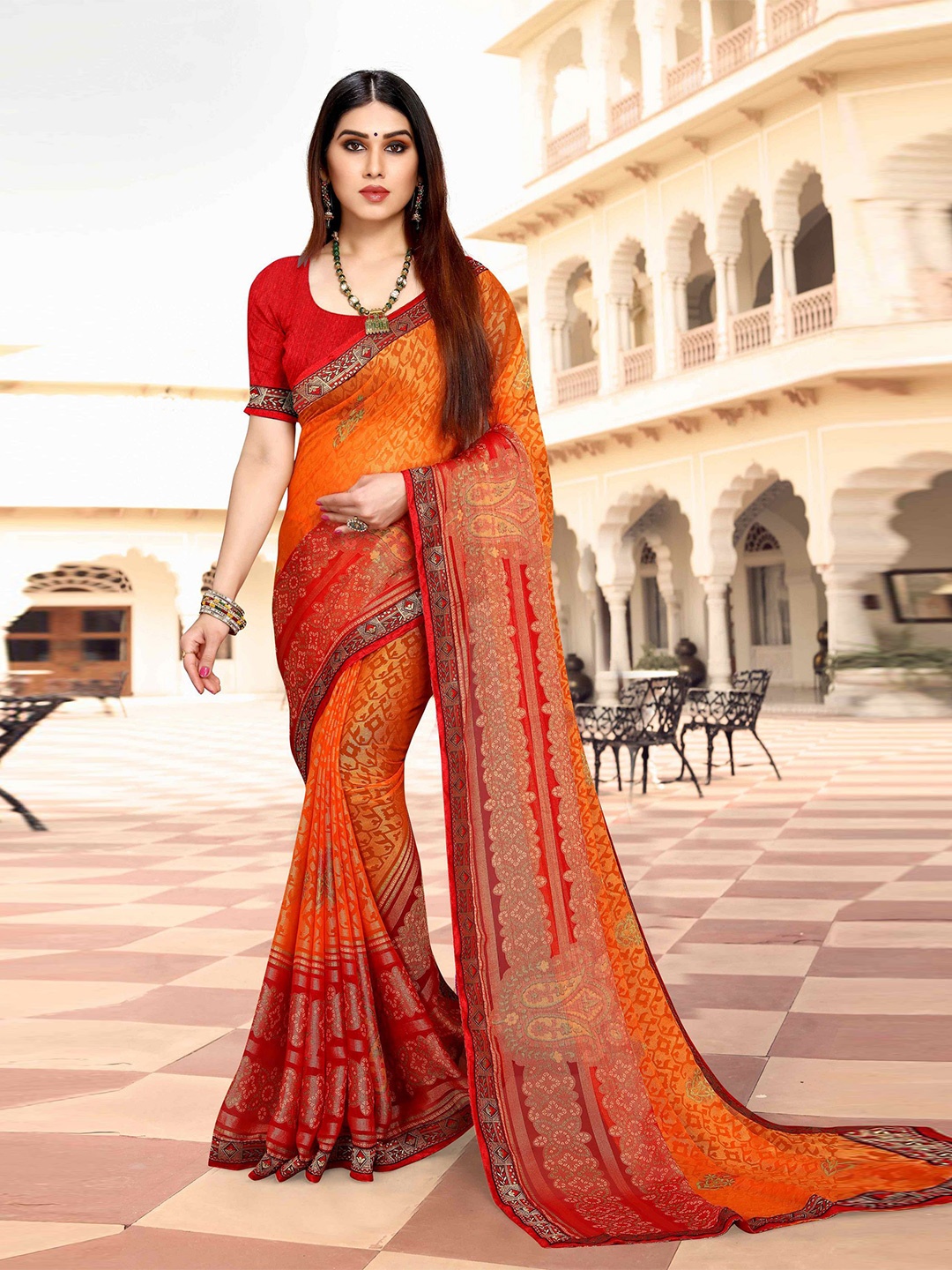 

EMV Ethnic Motifs Zari Chiffon Saree, Orange