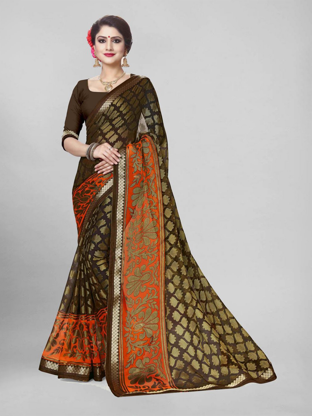 

EMV Floral Zari Chiffon Saree, Green