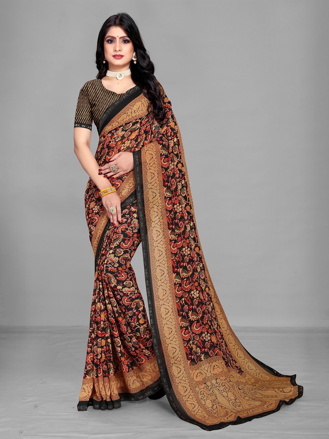 EMV Floral Mirror Work Chiffon Saree, Brown