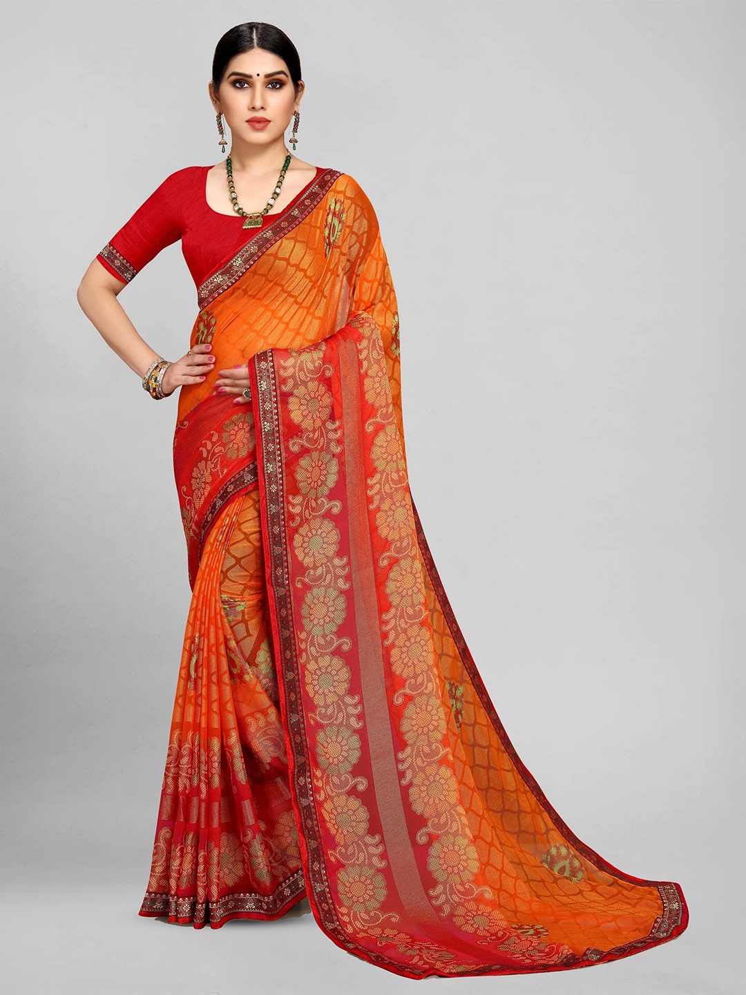 

EMV Floral Zari Chiffon Saree, Orange