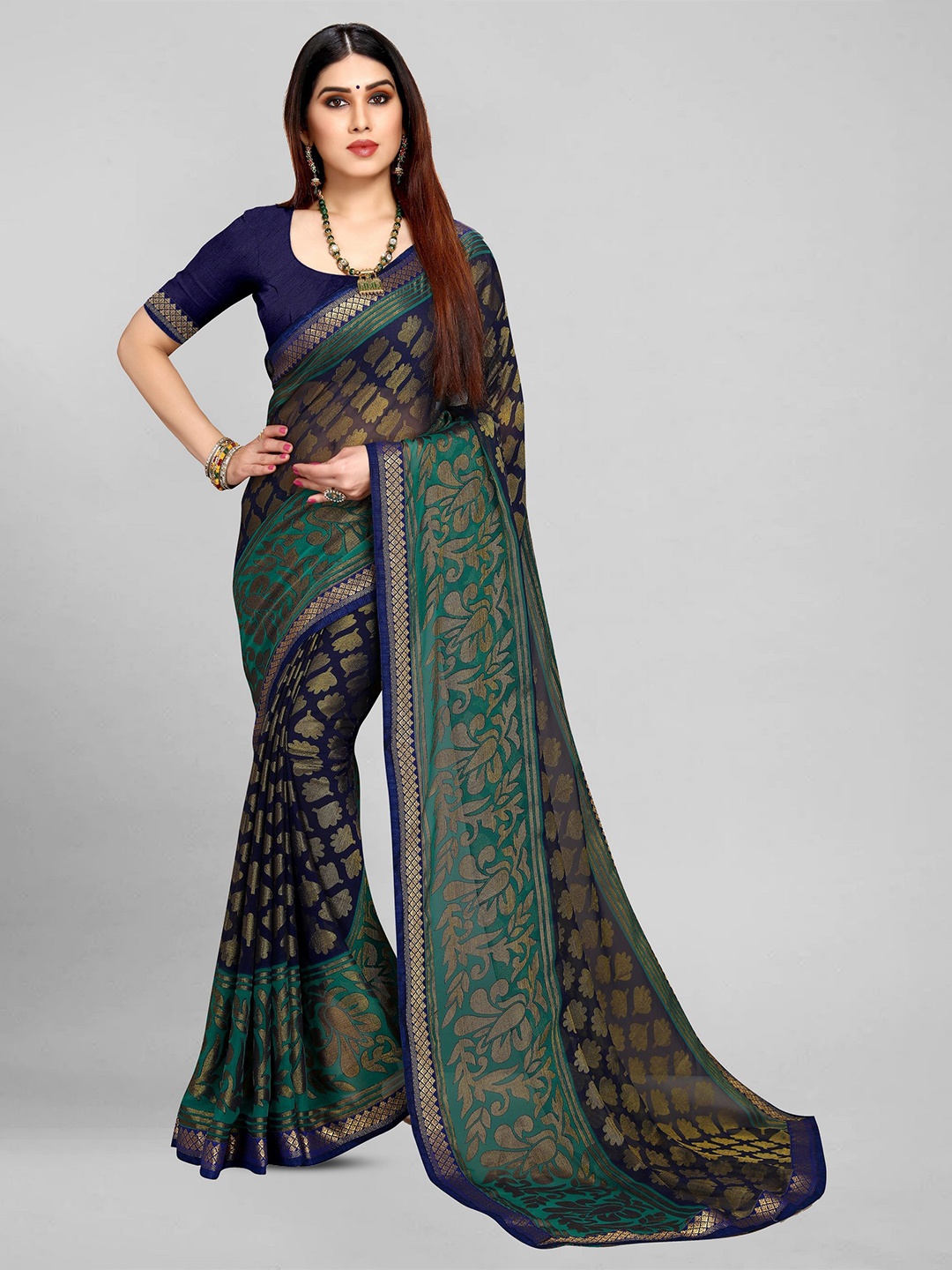 

EMV Floral Zari Chiffon Saree, Navy blue