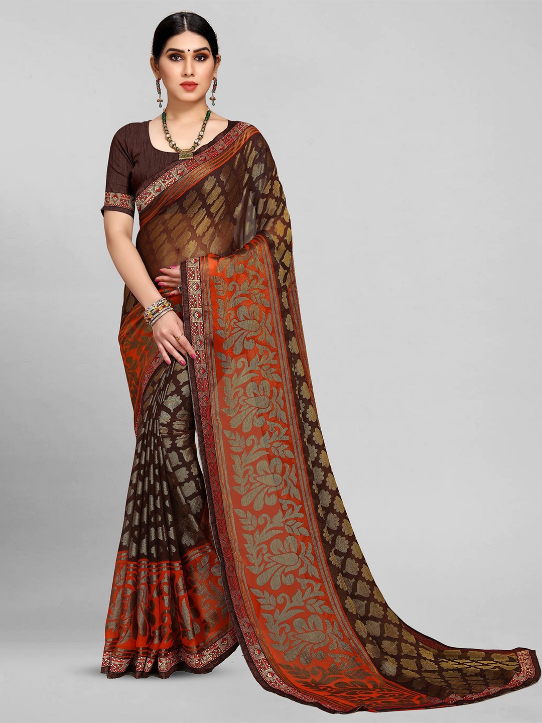 

EMV Ethnic Motifs Zari Chiffon Saree, Brown