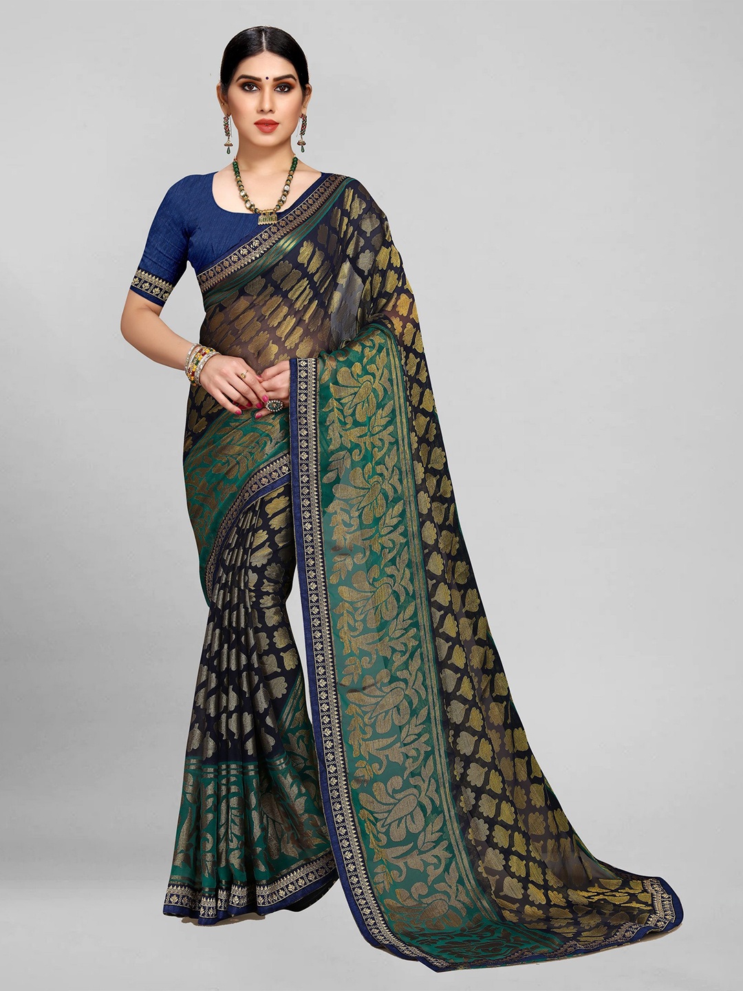 

EMV Floral Zari Chiffon Saree, Navy blue