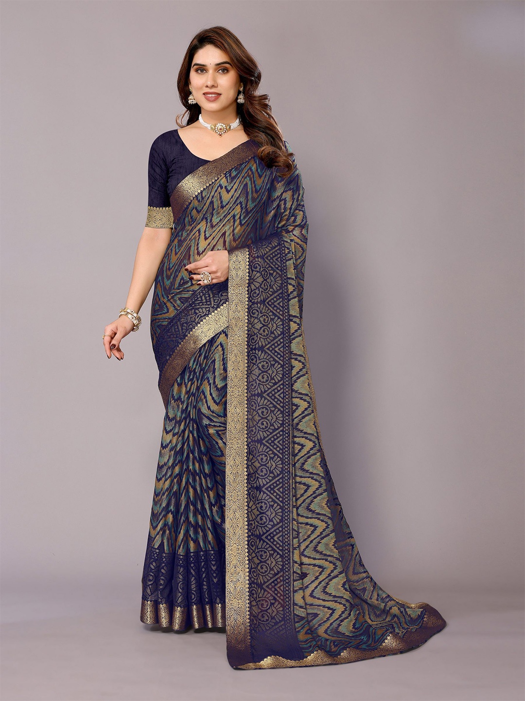 

EMV Floral Zari Chiffon Saree, Navy blue