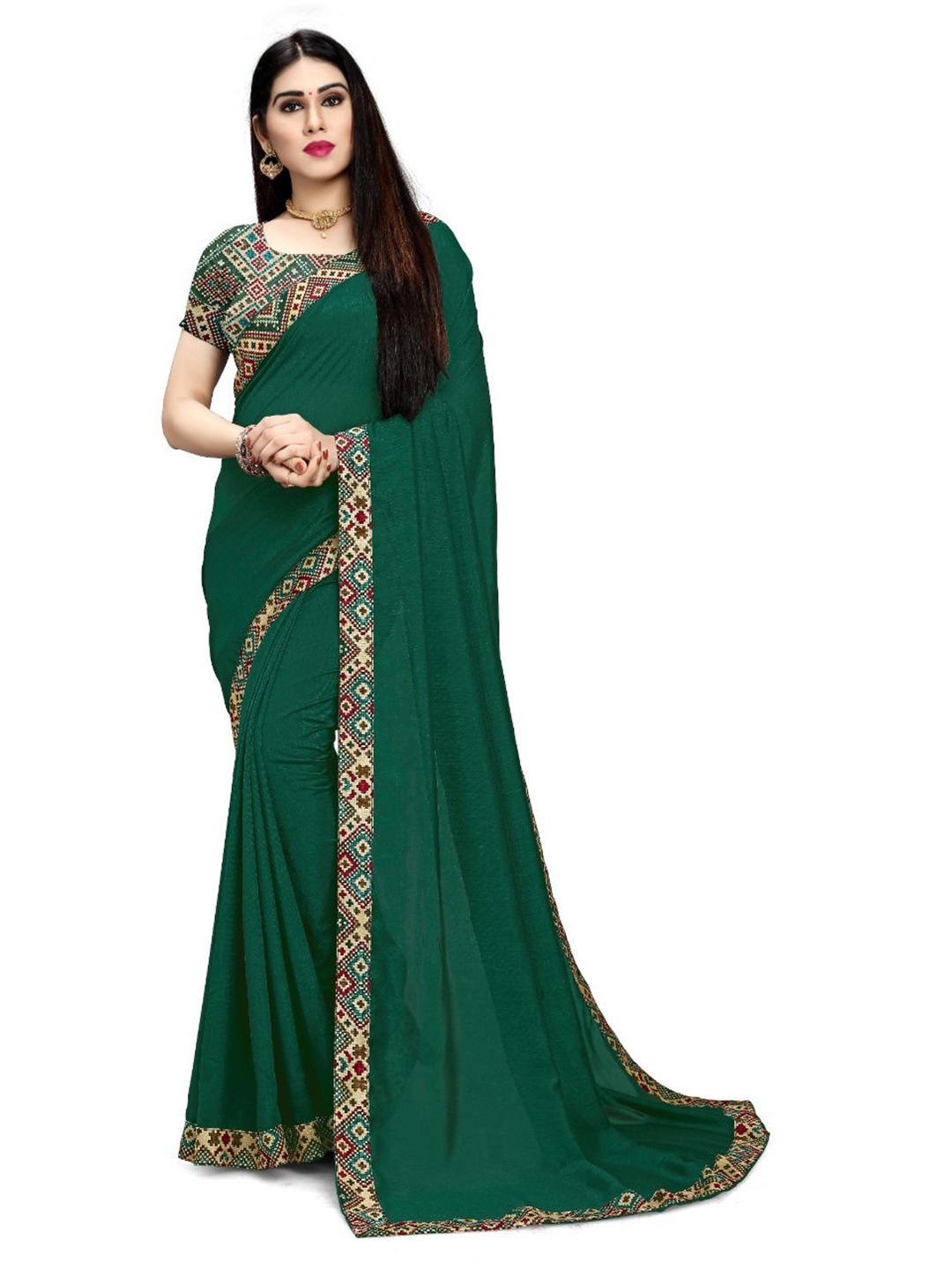 

EMV Zari Chiffon Saree With Blouse Piece, Green