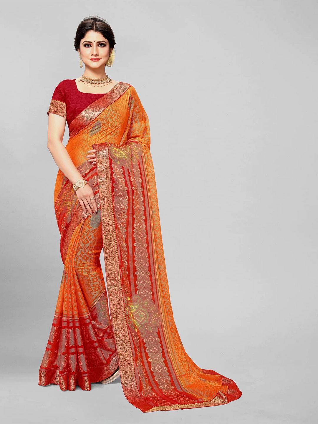 

EMV Floral Zari Chiffon Saree, Orange